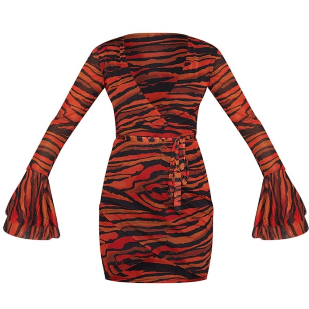 Orange Zebra Print Mesh Flared Sleeve Tie Waist Bodycon Dress